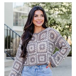 Pink lily taupe and grey crochet sweater